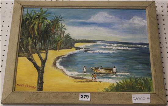 Oil on canvas - beach scene signed